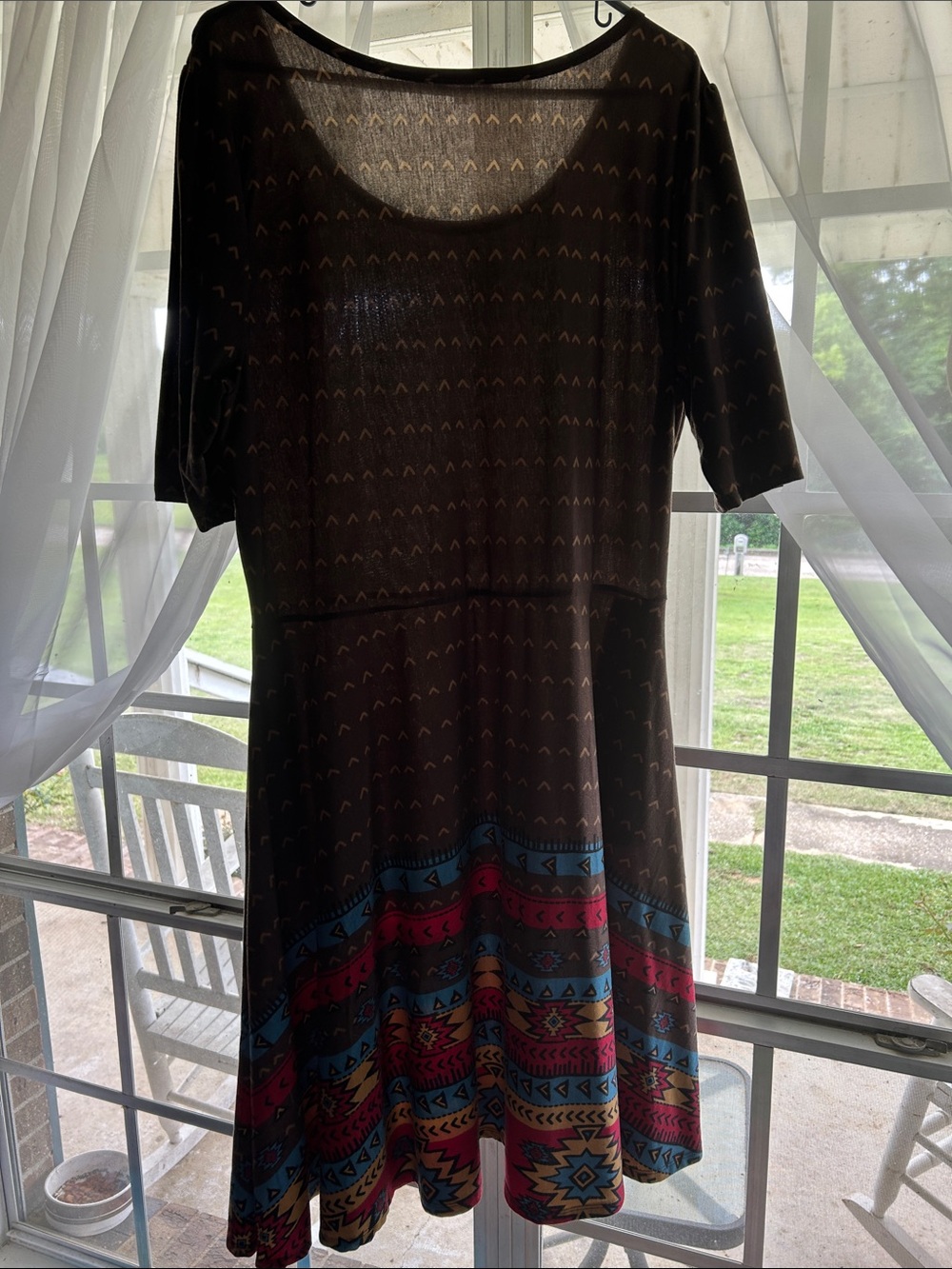 LuLaRoe Brown Midi Dress with Colorful Tribal Hem - Picture 3 of 5